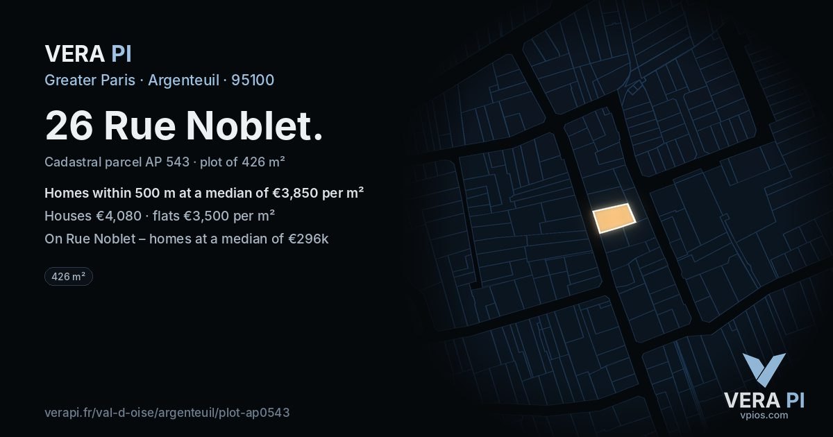 26 Rue Noblet, Argenteuil at night – the plot lit, the parcels around coloured by the prices near them