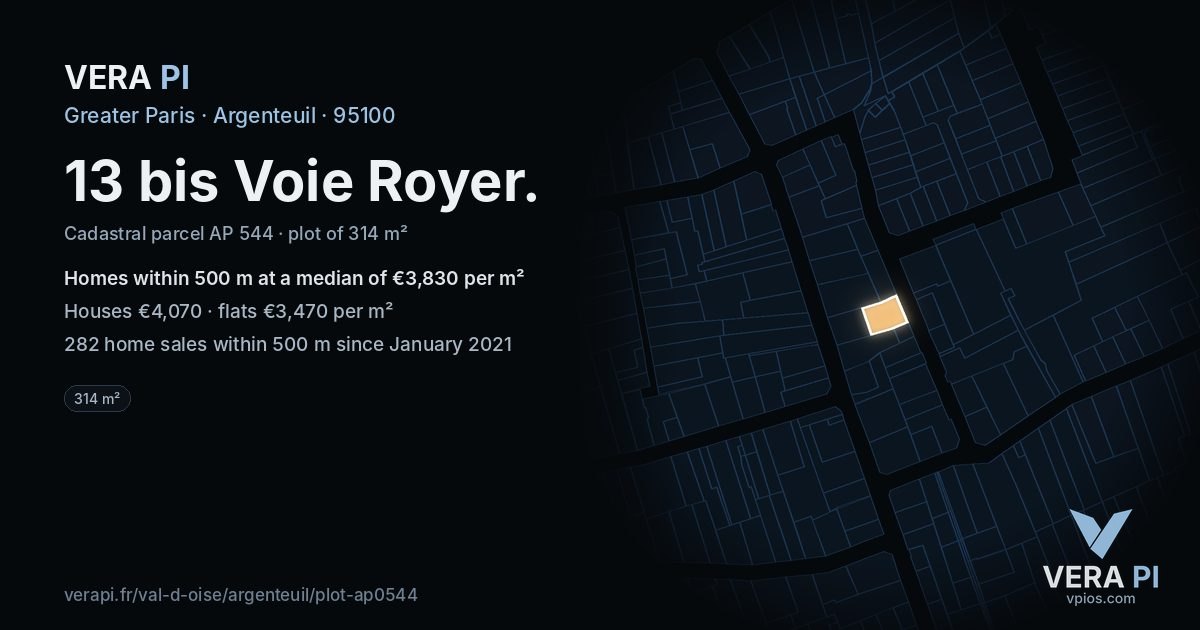 13 bis Voie Royer, Argenteuil at night – the plot lit, the parcels around coloured by the prices near them