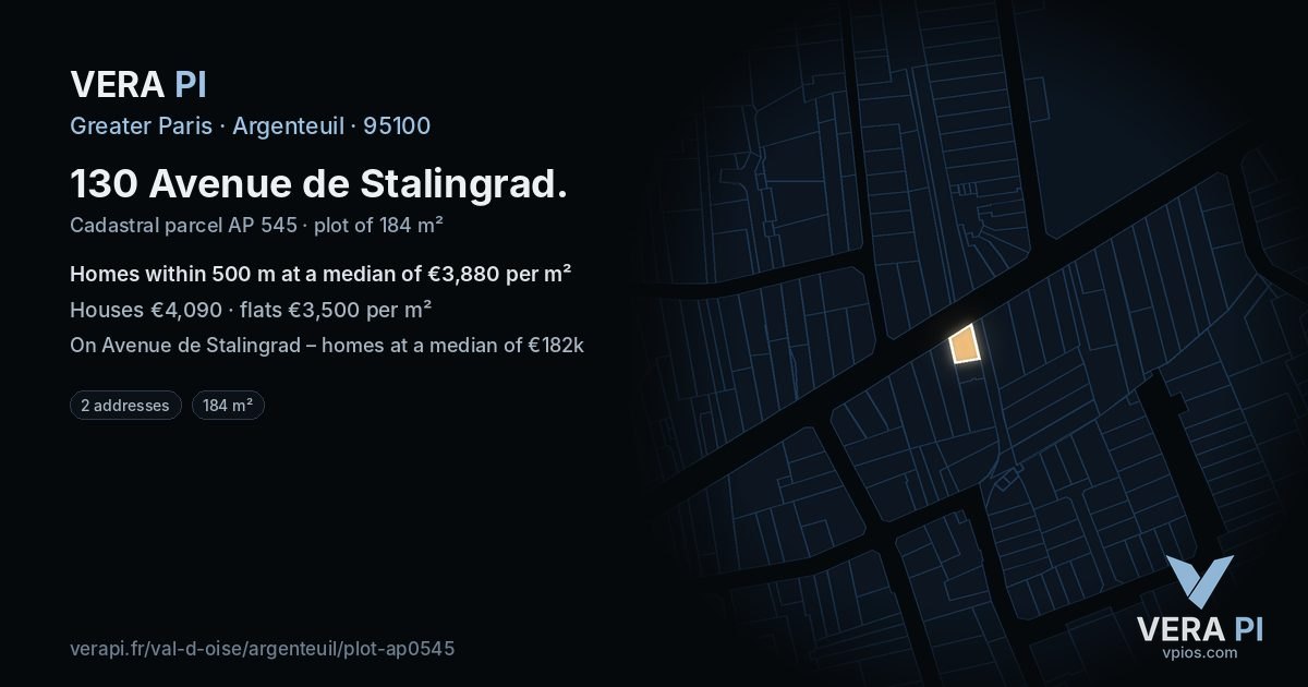 130 Avenue de Stalingrad, Argenteuil at night – the plot lit, the parcels around coloured by the prices near them