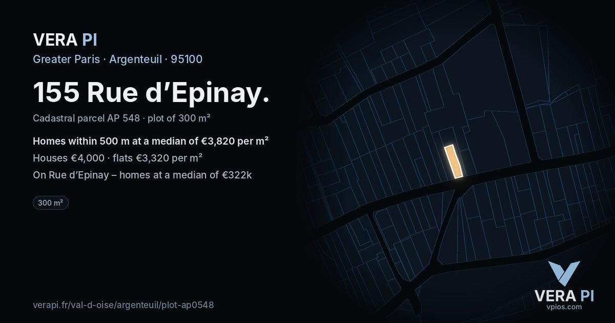 155 Rue d’Epinay, Argenteuil at night – the plot lit, the parcels around coloured by the prices near them