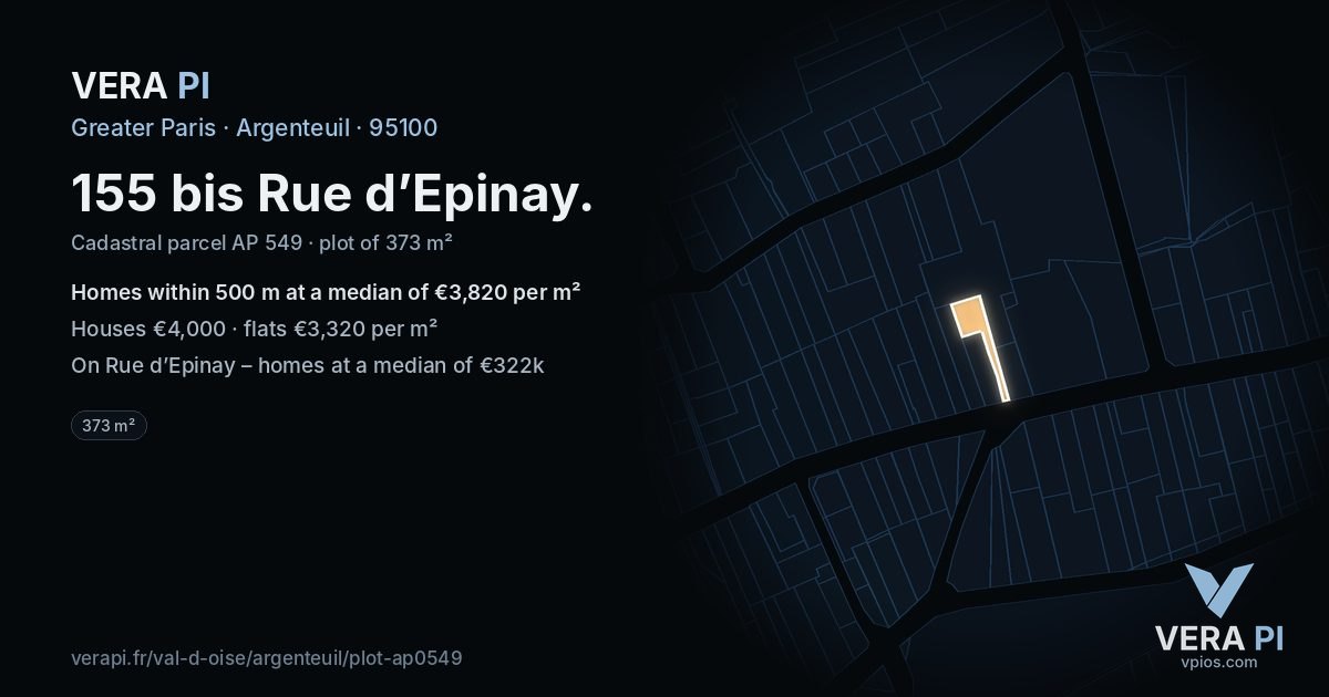 155 bis Rue d’Epinay, Argenteuil at night – the plot lit, the parcels around coloured by the prices near them
