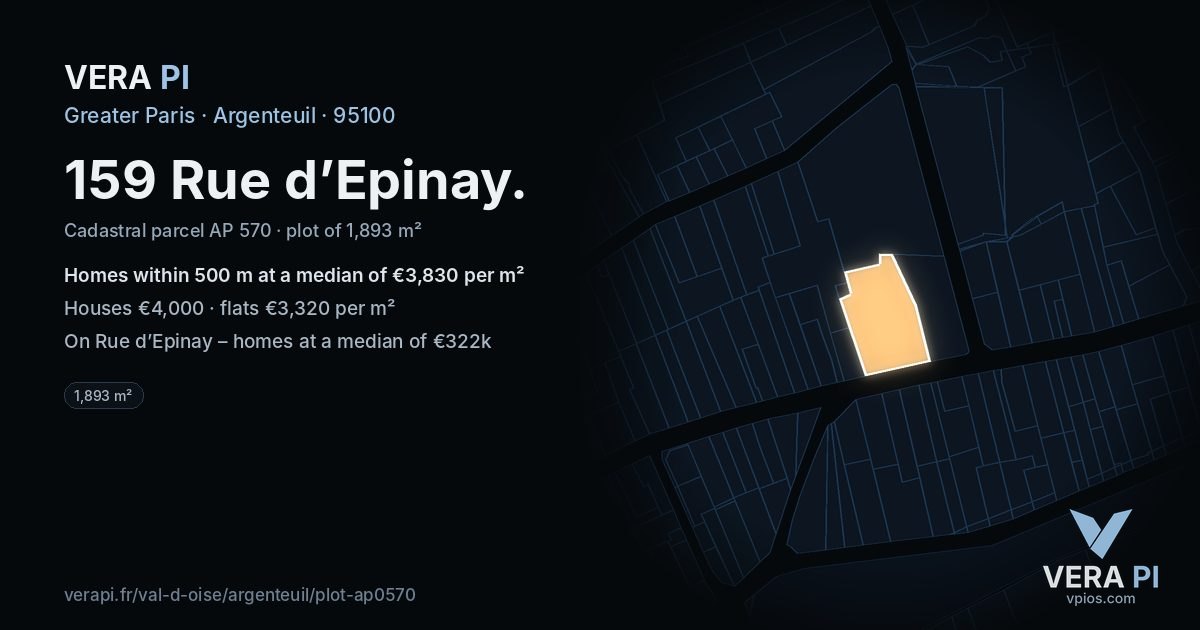 159 Rue d’Epinay, Argenteuil at night – the plot lit, the parcels around coloured by the prices near them