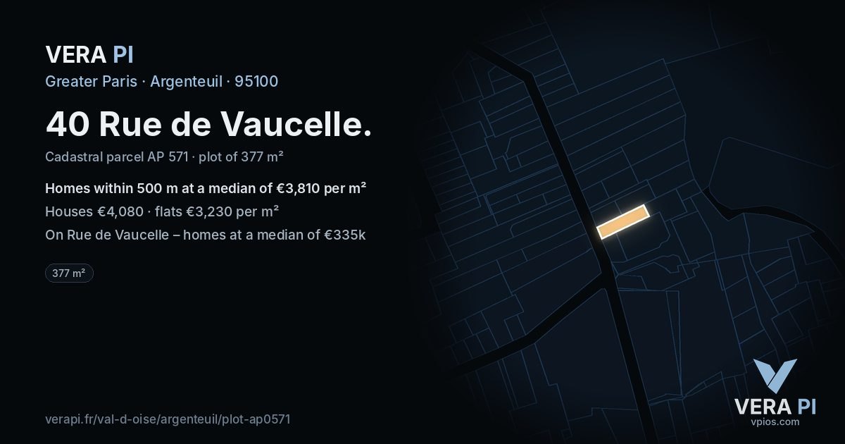 40 Rue de Vaucelle, Argenteuil at night – the plot lit, the parcels around coloured by the prices near them