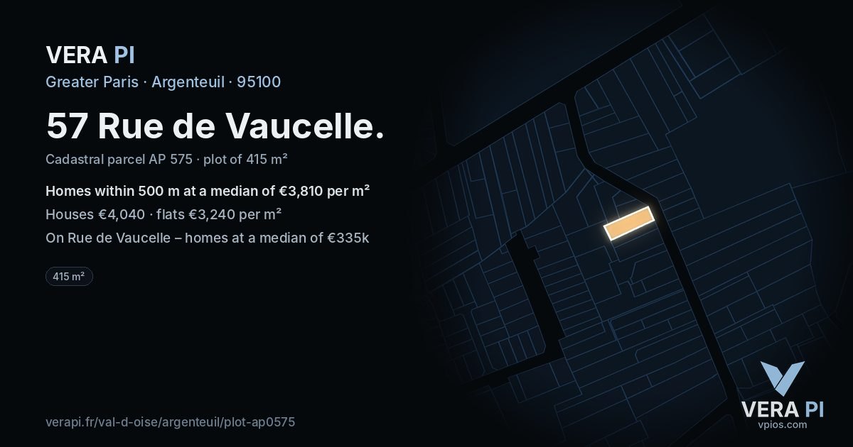 57 Rue de Vaucelle, Argenteuil at night – the plot lit, the parcels around coloured by the prices near them