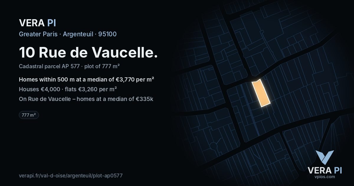 10 Rue de Vaucelle, Argenteuil at night – the plot lit, the parcels around coloured by the prices near them