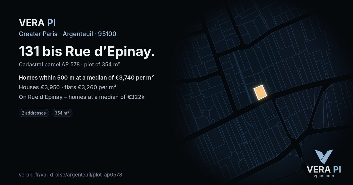 131 bis Rue d’Epinay, Argenteuil at night – the plot lit, the parcels around coloured by the prices near them
