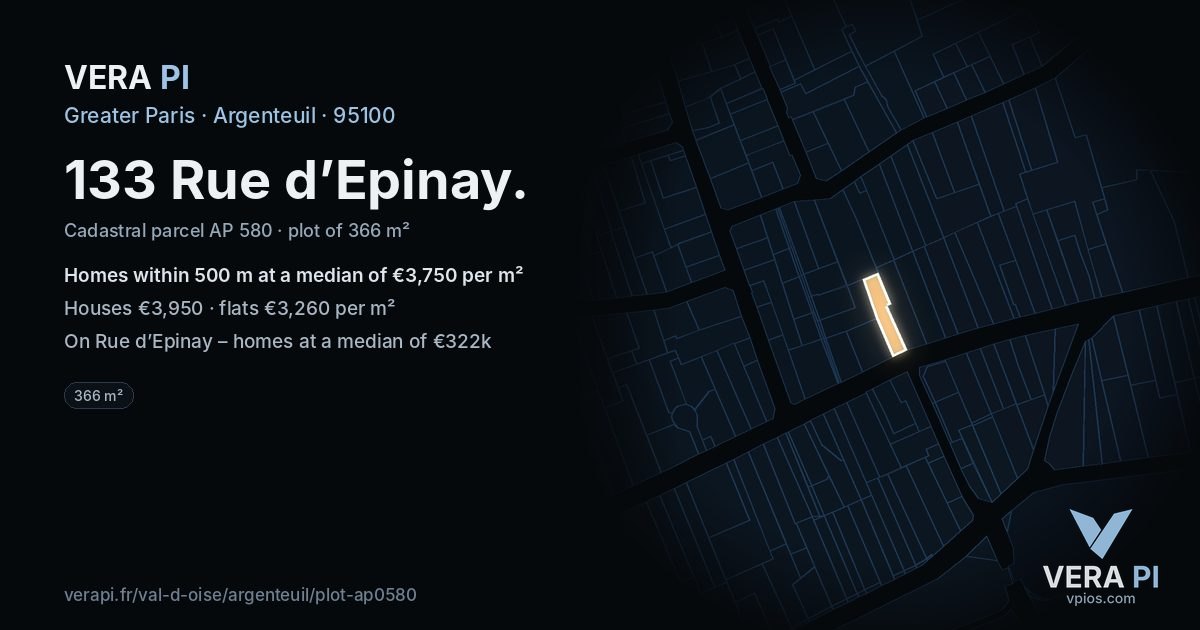 133 Rue d’Epinay, Argenteuil at night – the plot lit, the parcels around coloured by the prices near them