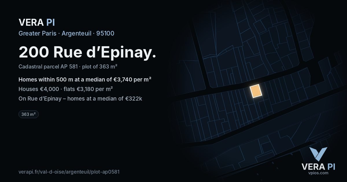 200 Rue d’Epinay, Argenteuil at night – the plot lit, the parcels around coloured by the prices near them