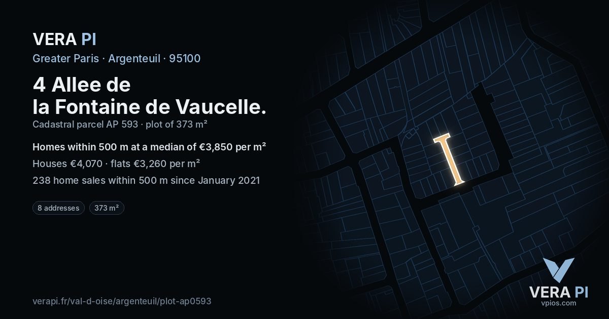 4 Allee de la Fontaine de Vaucelle, Argenteuil at night – the plot lit, the parcels around coloured by the prices near them