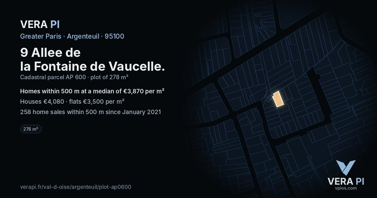 9 Allee de la Fontaine de Vaucelle, Argenteuil at night – the plot lit, the parcels around coloured by the prices near them