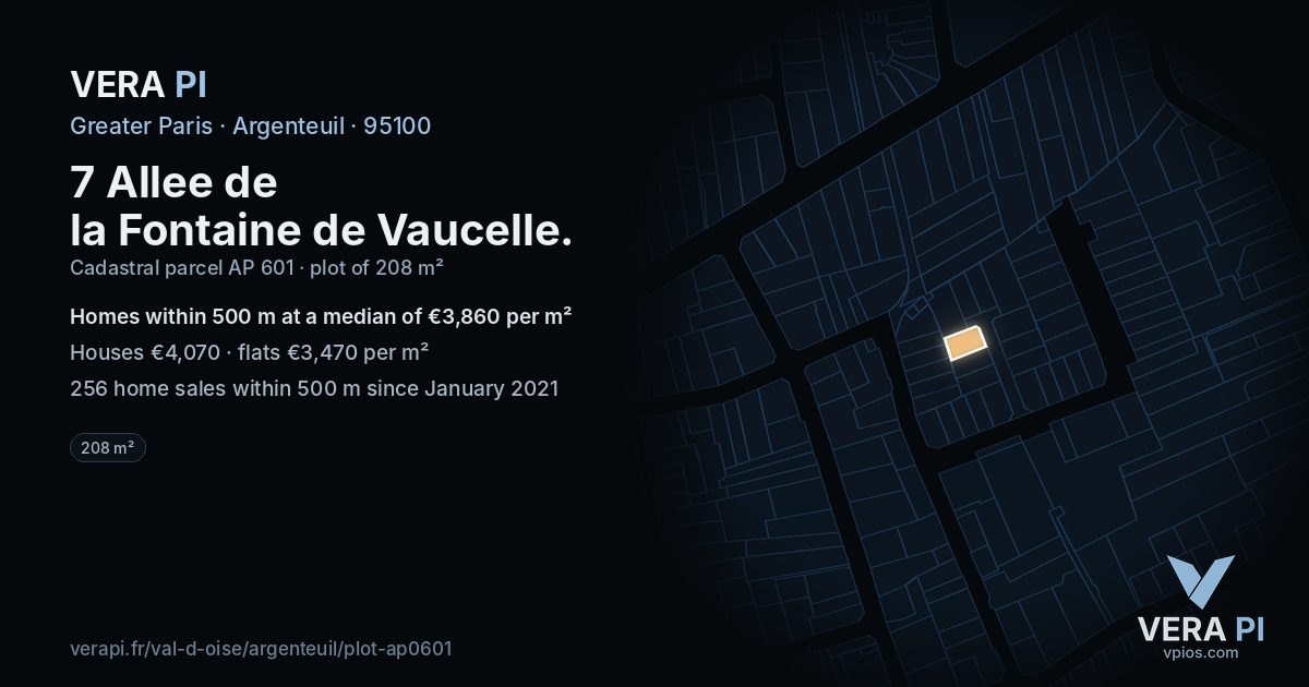 7 Allee de la Fontaine de Vaucelle, Argenteuil at night – the plot lit, the parcels around coloured by the prices near them