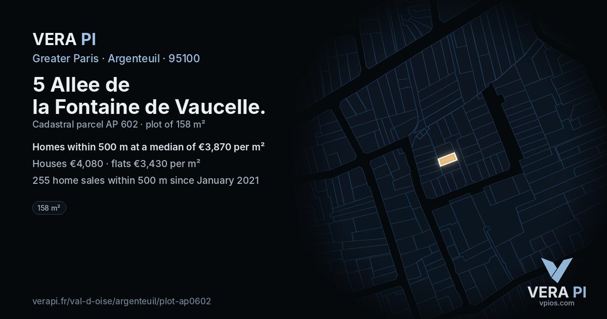 5 Allee de la Fontaine de Vaucelle, Argenteuil at night – the plot lit, the parcels around coloured by the prices near them