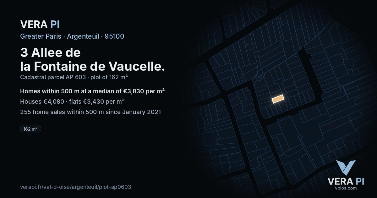 3 Allee de la Fontaine de Vaucelle, Argenteuil at night – the plot lit, the parcels around coloured by the prices near them