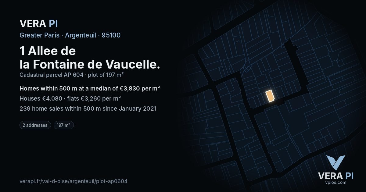 1 Allee de la Fontaine de Vaucelle, Argenteuil at night – the plot lit, the parcels around coloured by the prices near them