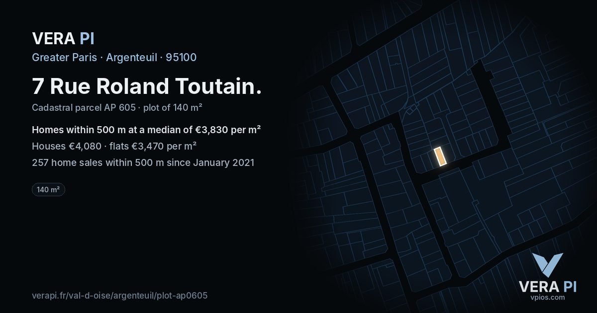 7 Rue Roland Toutain, Argenteuil at night – the plot lit, the parcels around coloured by the prices near them