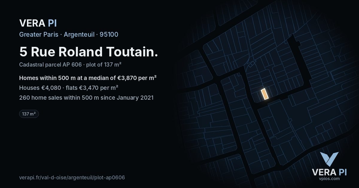 5 Rue Roland Toutain, Argenteuil at night – the plot lit, the parcels around coloured by the prices near them