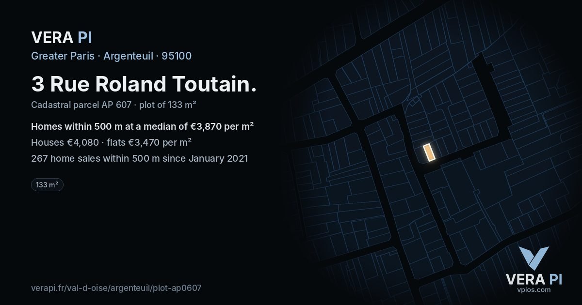 3 Rue Roland Toutain, Argenteuil at night – the plot lit, the parcels around coloured by the prices near them
