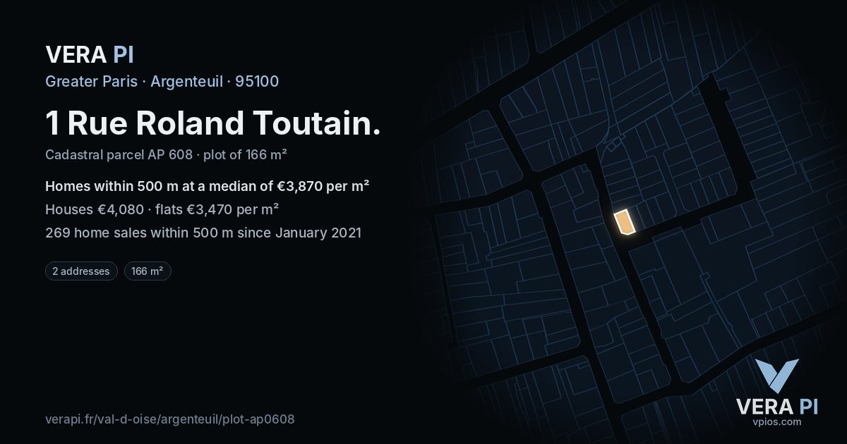 1 Rue Roland Toutain, Argenteuil at night – the plot lit, the parcels around coloured by the prices near them
