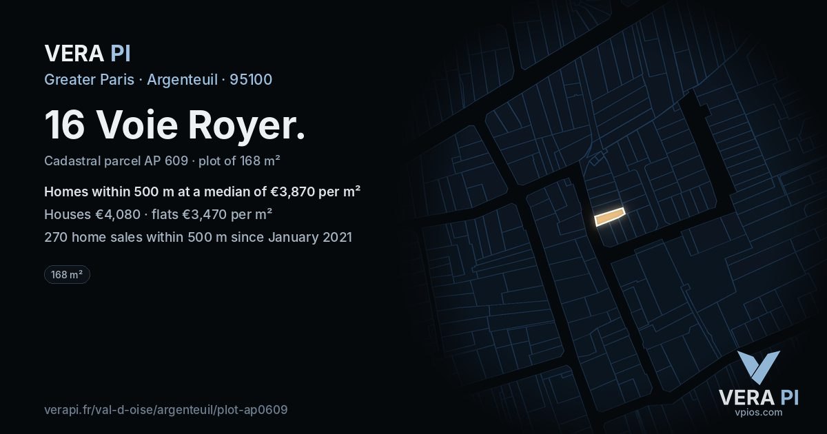 16 Voie Royer, Argenteuil at night – the plot lit, the parcels around coloured by the prices near them