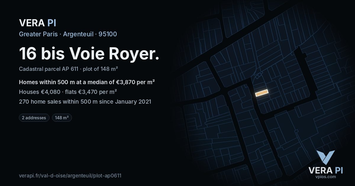 16 bis Voie Royer, Argenteuil at night – the plot lit, the parcels around coloured by the prices near them