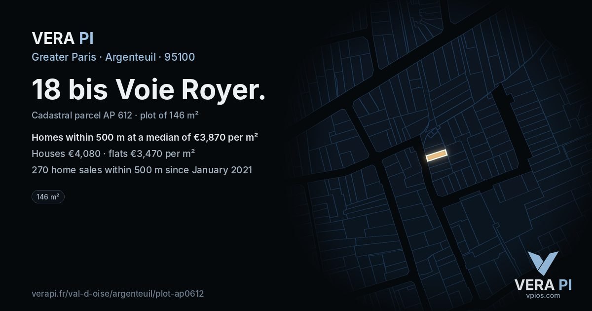 18 bis Voie Royer, Argenteuil at night – the plot lit, the parcels around coloured by the prices near them
