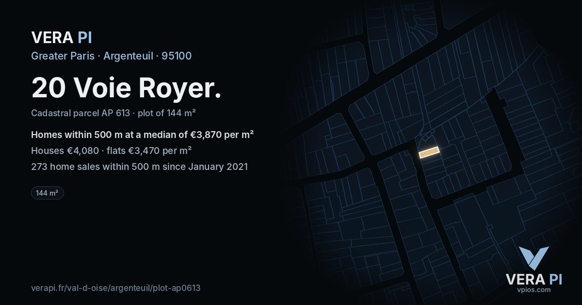 20 Voie Royer, Argenteuil at night – the plot lit, the parcels around coloured by the prices near them