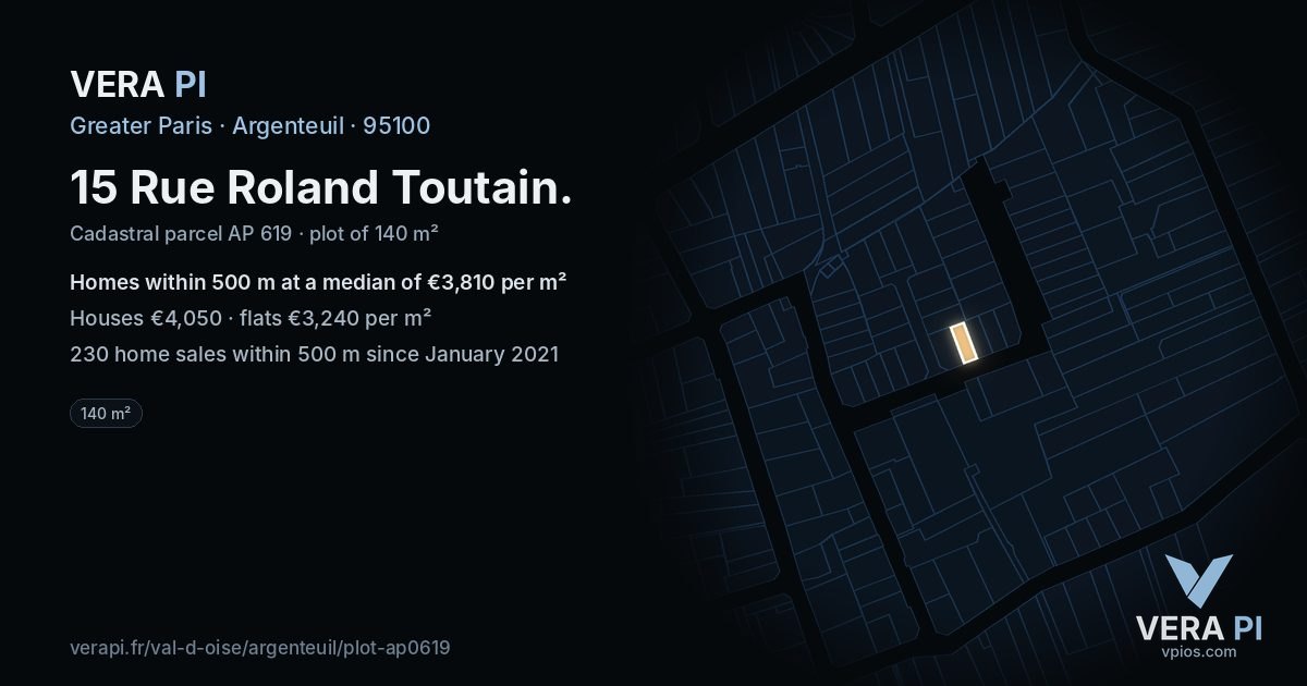 15 Rue Roland Toutain, Argenteuil at night – the plot lit, the parcels around coloured by the prices near them