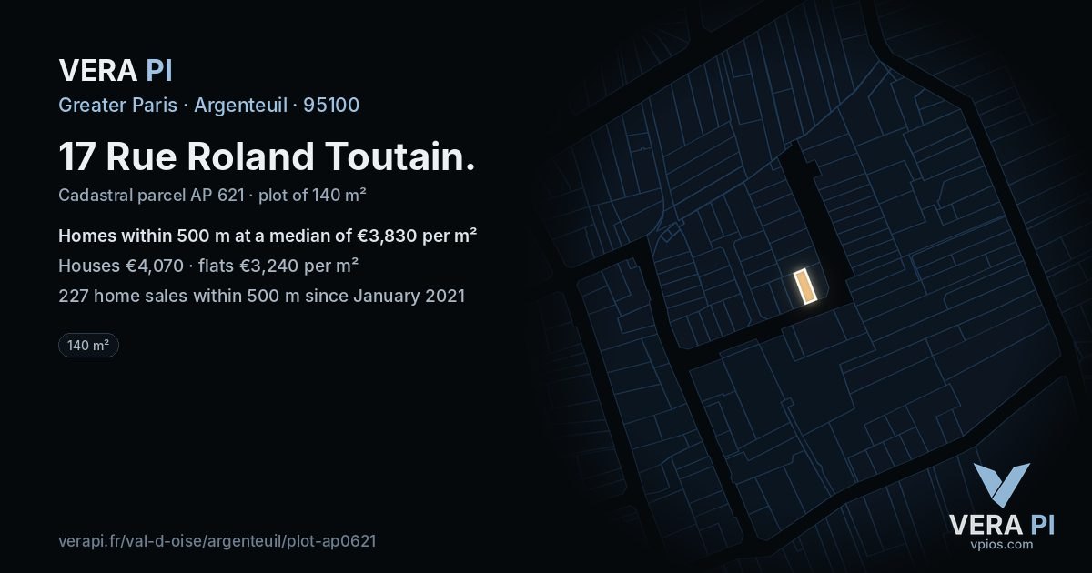 17 Rue Roland Toutain, Argenteuil at night – the plot lit, the parcels around coloured by the prices near them