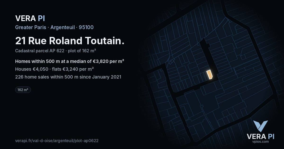 21 Rue Roland Toutain, Argenteuil at night – the plot lit, the parcels around coloured by the prices near them