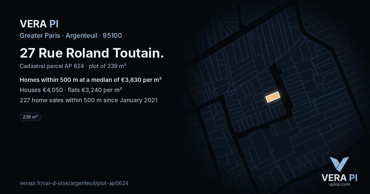 27 Rue Roland Toutain, Argenteuil at night – the plot lit, the parcels around coloured by the prices near them