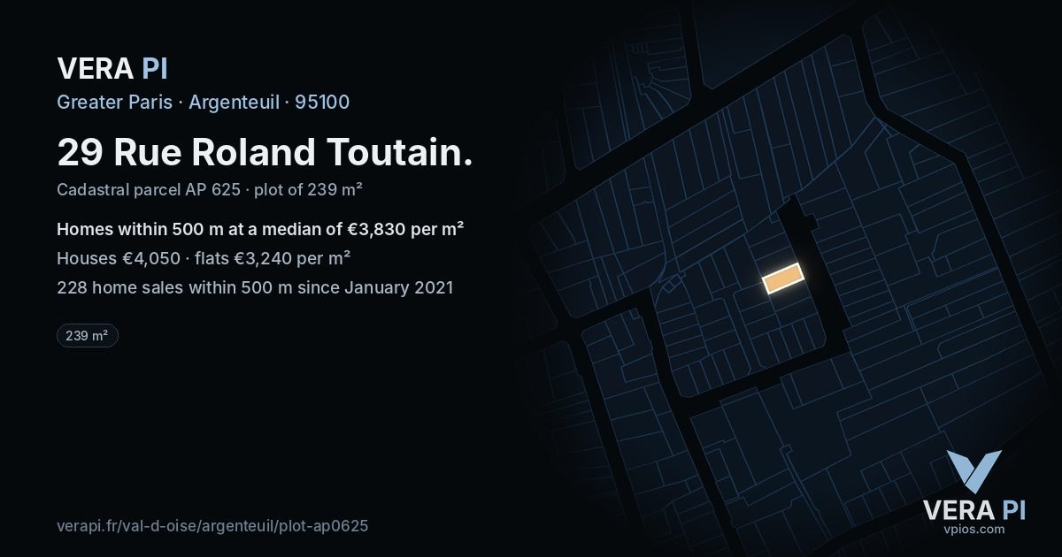 29 Rue Roland Toutain, Argenteuil at night – the plot lit, the parcels around coloured by the prices near them