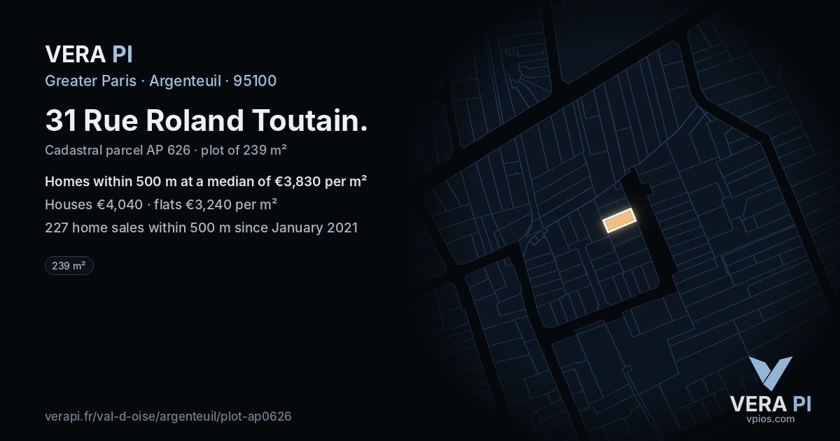 31 Rue Roland Toutain, Argenteuil at night – the plot lit, the parcels around coloured by the prices near them