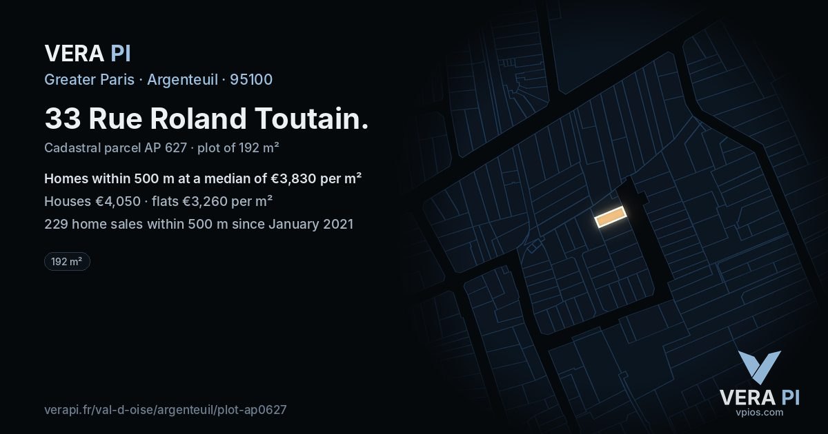 33 Rue Roland Toutain, Argenteuil at night – the plot lit, the parcels around coloured by the prices near them