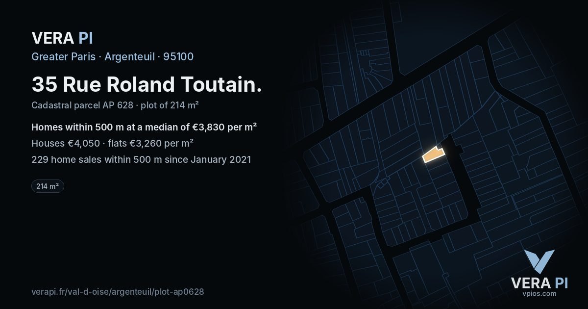 35 Rue Roland Toutain, Argenteuil at night – the plot lit, the parcels around coloured by the prices near them