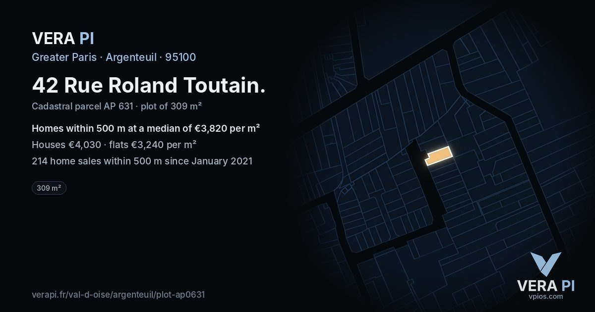 42 Rue Roland Toutain, Argenteuil at night – the plot lit, the parcels around coloured by the prices near them