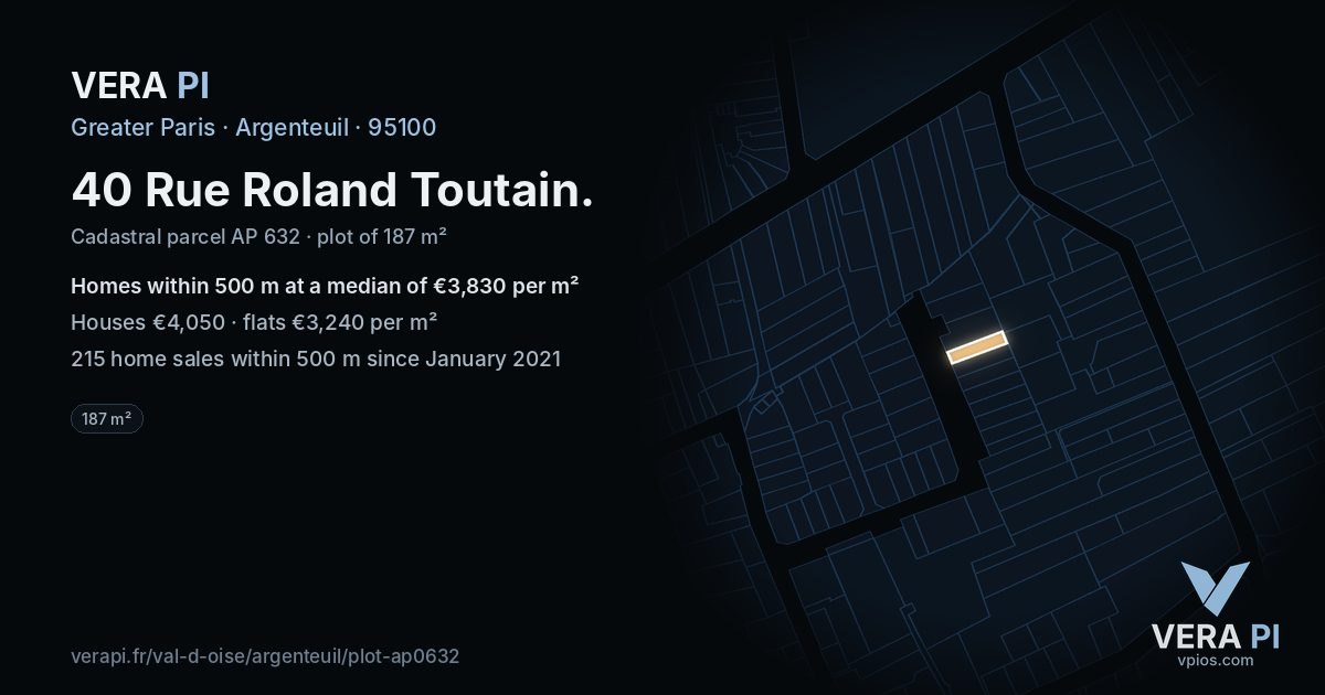 40 Rue Roland Toutain, Argenteuil at night – the plot lit, the parcels around coloured by the prices near them