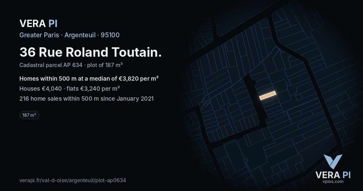 36 Rue Roland Toutain, Argenteuil at night – the plot lit, the parcels around coloured by the prices near them
