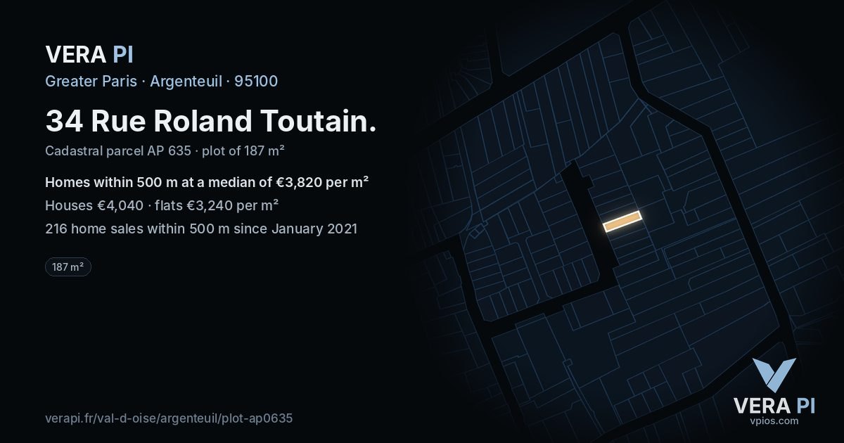 34 Rue Roland Toutain, Argenteuil at night – the plot lit, the parcels around coloured by the prices near them