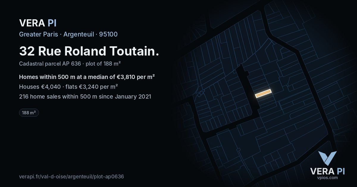 32 Rue Roland Toutain, Argenteuil at night – the plot lit, the parcels around coloured by the prices near them