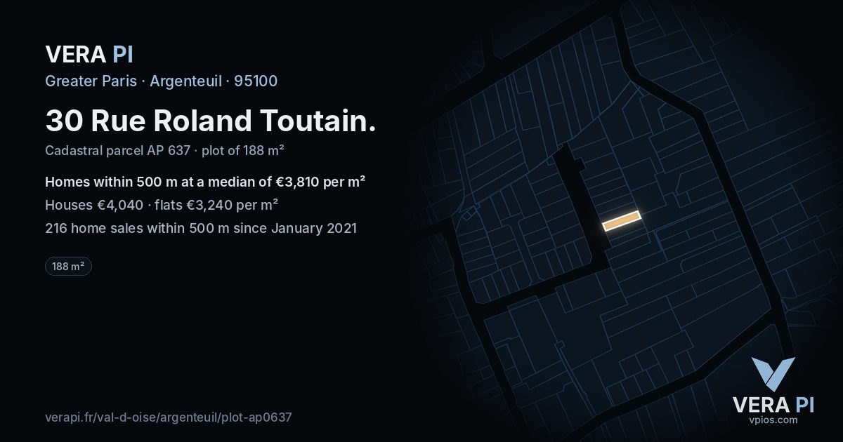 30 Rue Roland Toutain, Argenteuil at night – the plot lit, the parcels around coloured by the prices near them