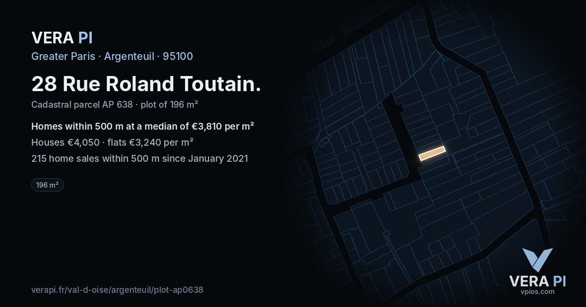 28 Rue Roland Toutain, Argenteuil at night – the plot lit, the parcels around coloured by the prices near them