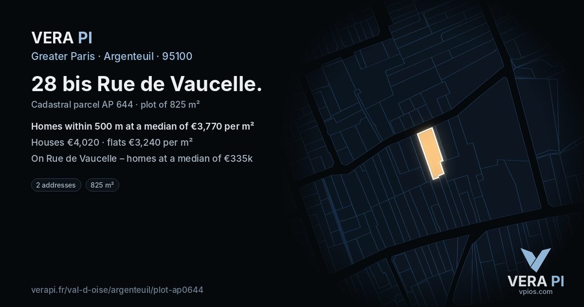 28 bis Rue de Vaucelle, Argenteuil at night – the plot lit, the parcels around coloured by the prices near them