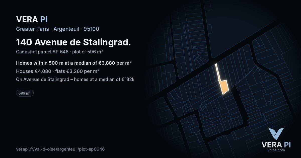 140 Avenue de Stalingrad, Argenteuil at night – the plot lit, the parcels around coloured by the prices near them