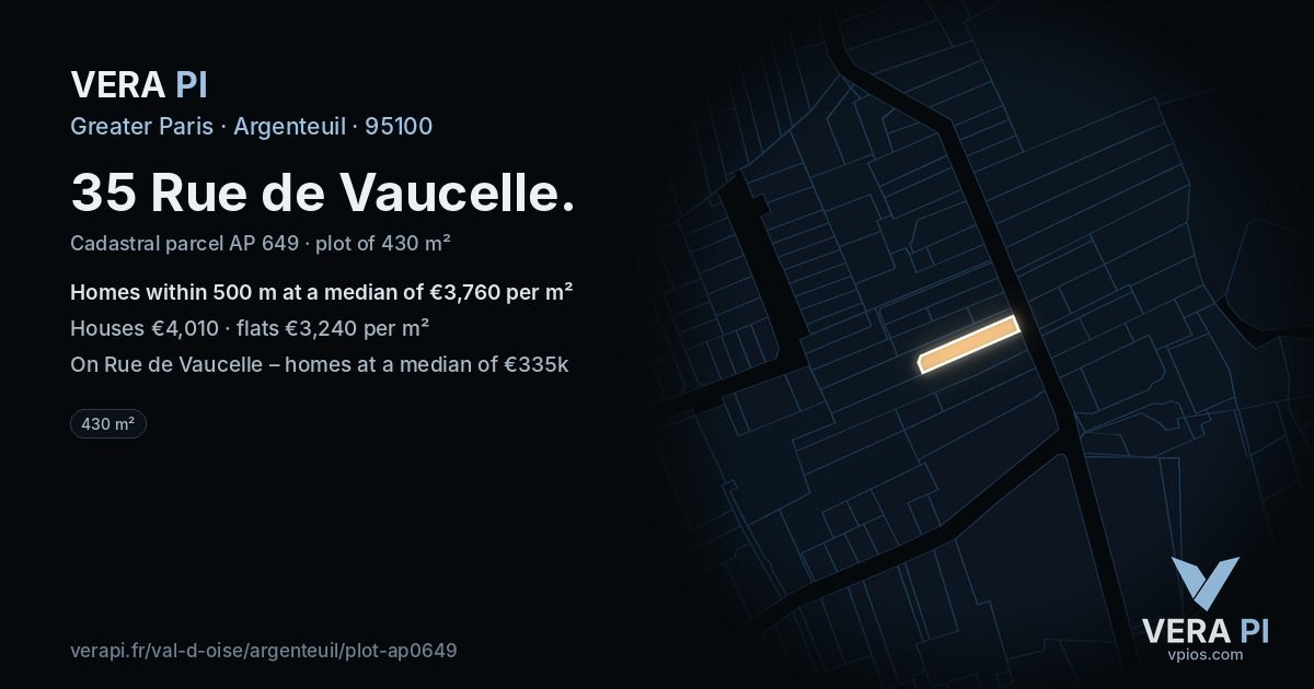 35 Rue de Vaucelle, Argenteuil at night – the plot lit, the parcels around coloured by the prices near them