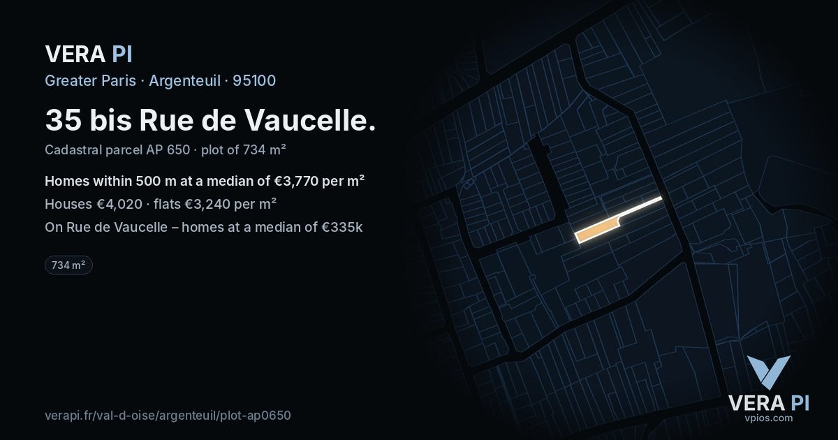 35 bis Rue de Vaucelle, Argenteuil at night – the plot lit, the parcels around coloured by the prices near them