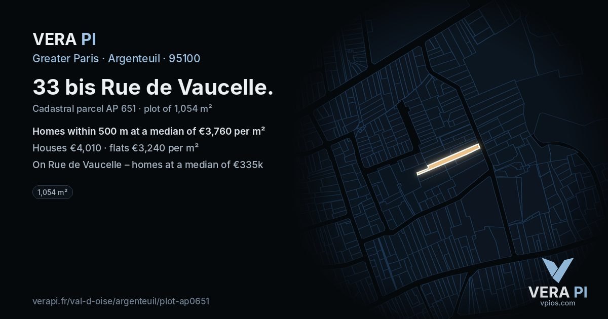 33 bis Rue de Vaucelle, Argenteuil at night – the plot lit, the parcels around coloured by the prices near them