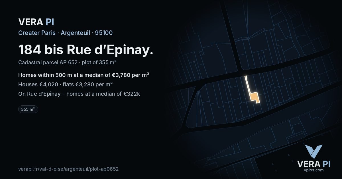 184 bis Rue d’Epinay, Argenteuil at night – the plot lit, the parcels around coloured by the prices near them
