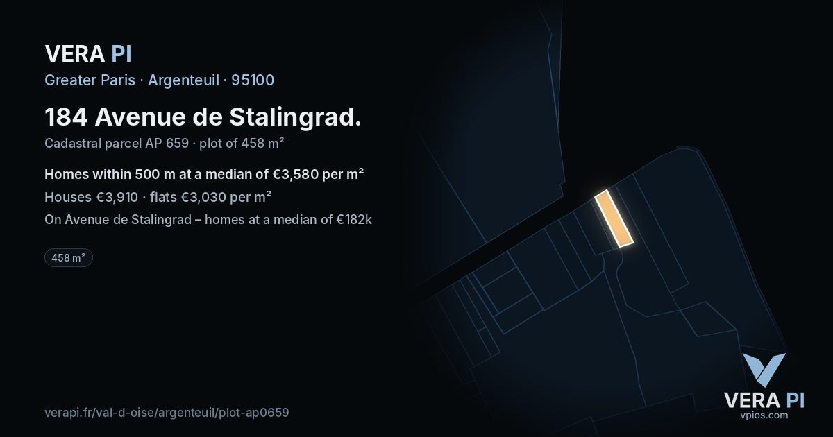 184 Avenue de Stalingrad, Argenteuil at night – the plot lit, the parcels around coloured by the prices near them