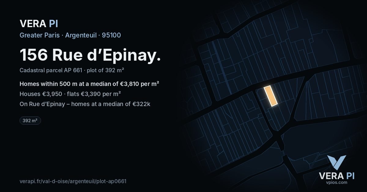 156 Rue d’Epinay, Argenteuil at night – the plot lit, the parcels around coloured by the prices near them