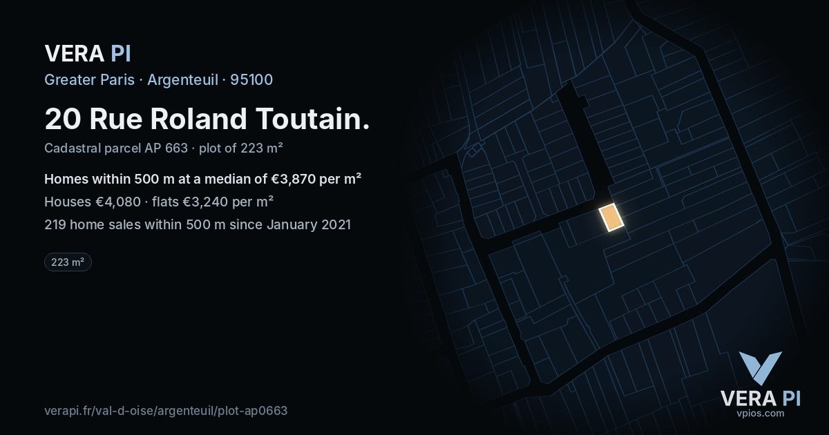 20 Rue Roland Toutain, Argenteuil at night – the plot lit, the parcels around coloured by the prices near them